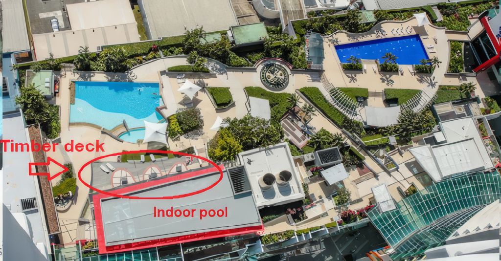 The recreational area from above with the pool deck