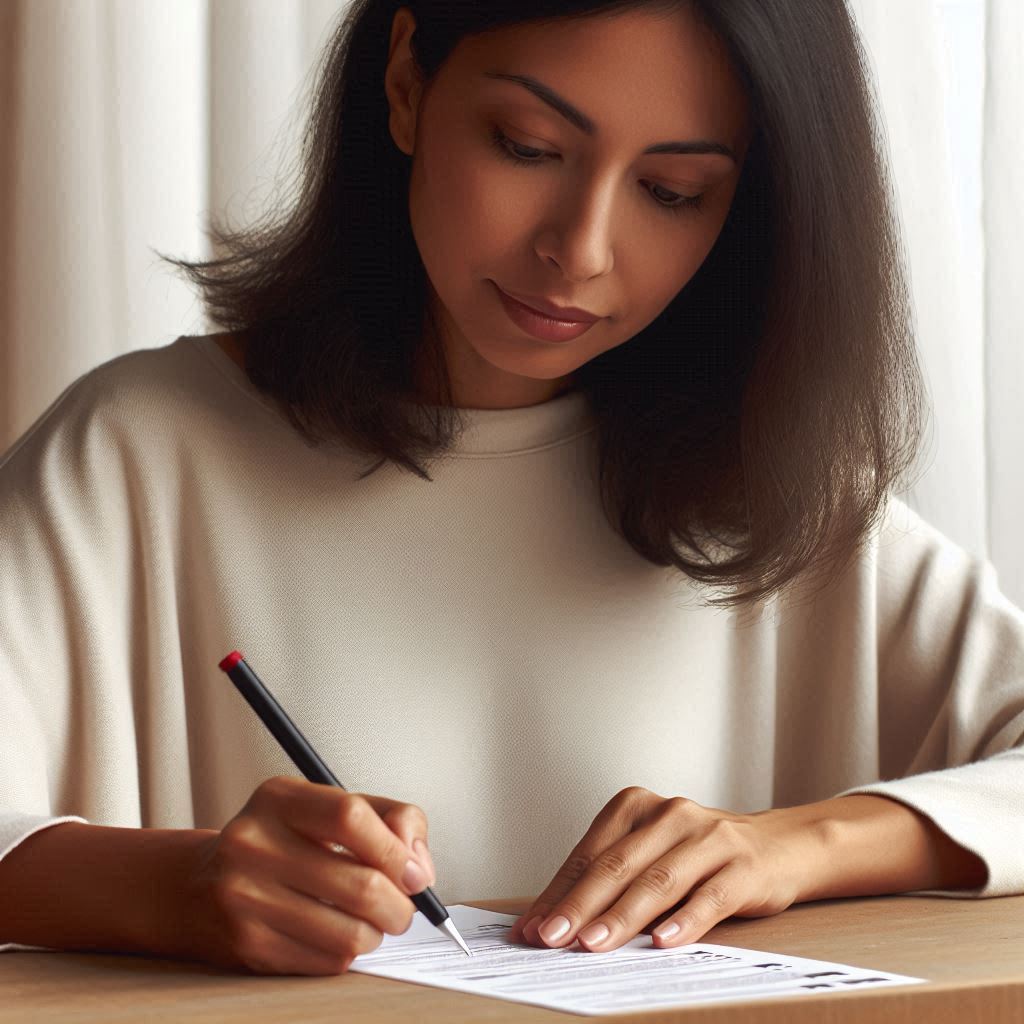 A woman fills in a voting slip.