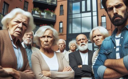 Angry people outside an apartment block