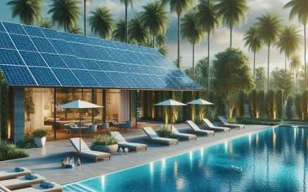 Solar panels power a pool recreational area. Image: Microsoft Copilot