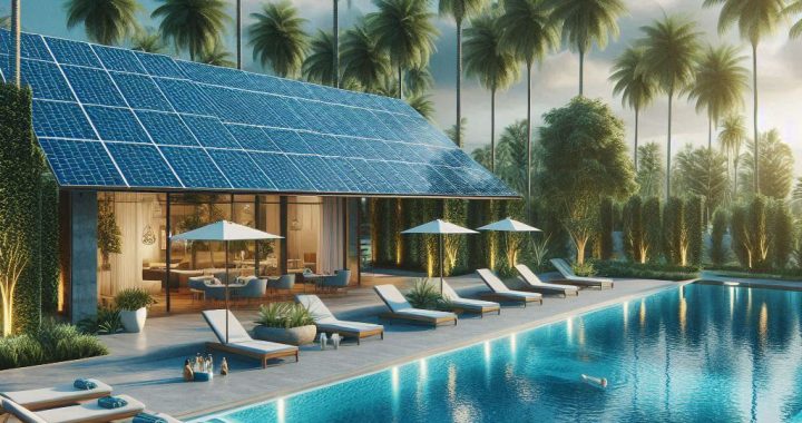 Solar panels power a pool recreational area. Image: Microsoft Copilot