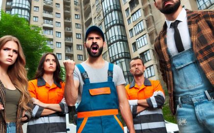 Angry people in front of a high-rise apartment block