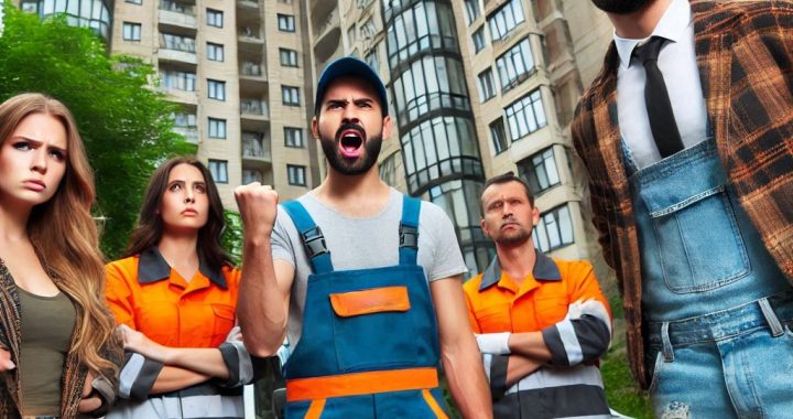 Angry people in front of a high-rise apartment block